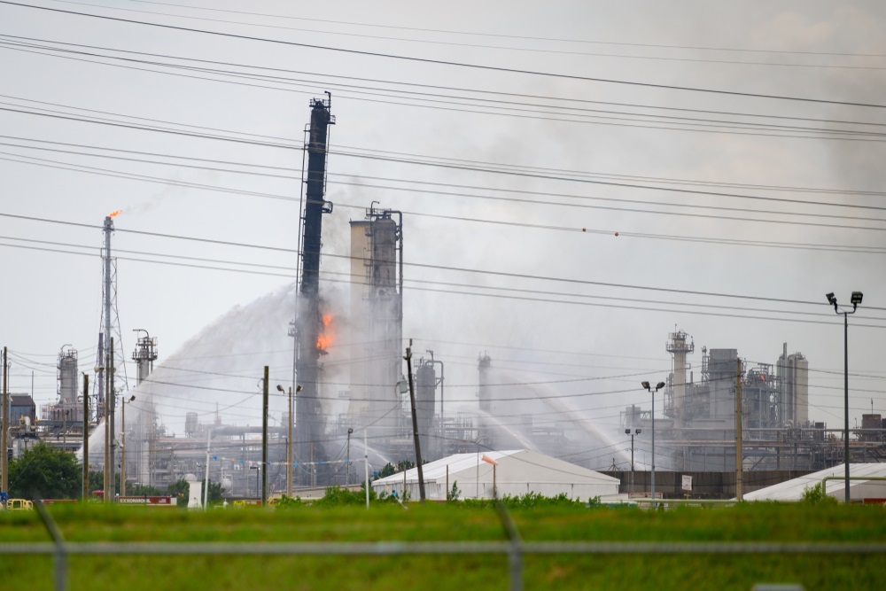 Firefighters battle blaze after explosion at the ExxonMobil Baytown Olefins chemical plant